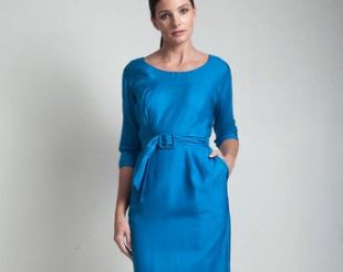 Vintage wiggle dress blue silk jewel tone boat neck 3/4 sleeves