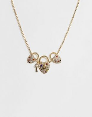 Reclaimed Vintage inspired necklace with heart pendants with multi colour stone detail