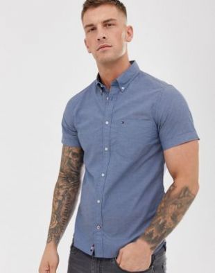 Tommy Hilfiger Chemise ajustée et boutonnée en popeline avec manches courtes et logo Bleu crossdye