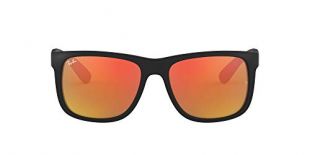 Ray-Ban RB4165 Justin Rectangular Sunglasses, Black Rubber/Orange Mirror, 55 mm