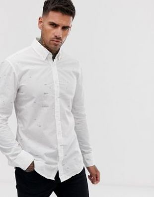 slim fit art print long sleeve shirt in white