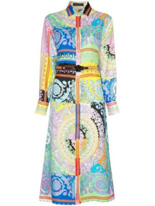 Long sleeve Patterned Belted Silk Shirt Dress