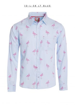Long Sleeve Button Down Dress Shirt Light Blue With Pink Flamingo