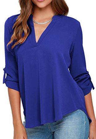 omzin - OMZIN Women's Casual V Neck Cuffed Sleeves Solid Chiffon Blouse ...