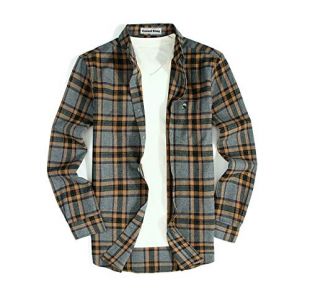 Mens Flannel Shirts Long Sleeve Slim Fit Shirts（Large,Gray/Brown）