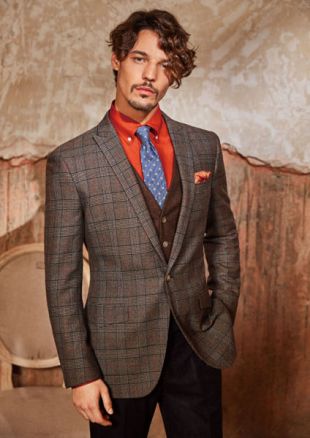 Brown/Orange Plaid Jacket + Charcoal Solid/Weave Pants   JBD Clothiers