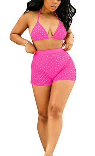 Women Two Piece See Through Outfits Set Club Sparkle Bikini + Sequin Pants Suit Jogging Tracksuit Pink L