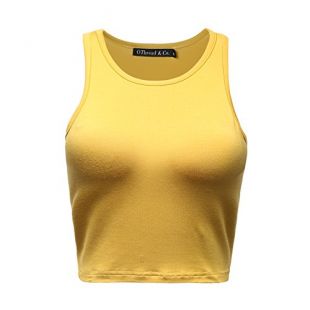OThread & Co. Women's Basic Crop Tops Stretchy Casual Crew Neck Sleeveless Crop Tank Top (Medium, Mustard)