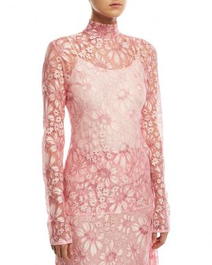 Mock-Neck Long-Sleeve Sheer Lace Blouse