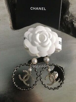 Pearl Gold Black Leather CC Crystal Hoop Earrings