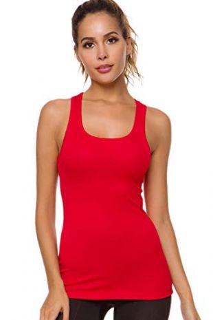 Workout Tank Tops for Women- Ribbed Yoga Tank Top Racerback Long Tight Fit Shirt Gym Run Activewear Clothes Red L
