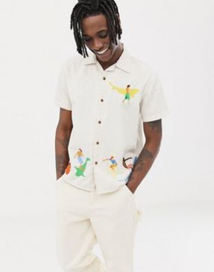 Balder embroidered short sleeve revere shirt in off white