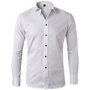 Harrms Hommes Chemise,Blanc,Fibre de Bambou&Coton Mince Couleur Unie Manche Longue Affaires Loisir Chemise - Blanc - EU 40 / S