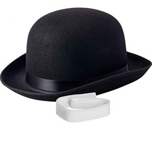 NJ Novelty - Black Derby Hat, 5" Tall Felt Bowler Hat Dress Up Costume Accessory + White Band (Black - 1 Pack)
