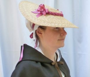 18th Century Shallow Crown Straw Hat Trimmed w/ Rose Pink Silk Satin Ribbons for Colonial Rev War Reenacting