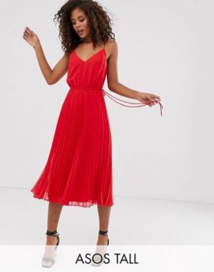 ASOS DESIGN Tall pleated cami midi dress with drawstring waist | ASOS