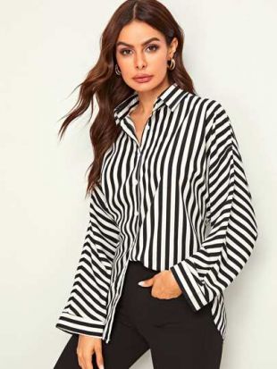 Blouse à rayures avec boutons Vertical-Striped Button Front Curved Hem Blouse