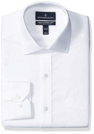 BUTTONED DOWN Men's Tailored Fit Stretch Twill Non-Iron Dress Shirt, White, 14.5" Neck 34" Sleeve