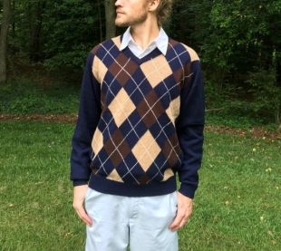 Laine Argyle pull Vintage bleu marine Joseph des agneaux 100 % une banque Argyle marron et kaki taille Large (L)