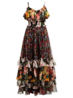 Floral print tiered silk chiffon gown