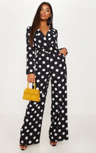Monochrome Polka Dot Belt Detail Wide Leg Jumpsuit