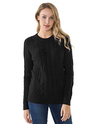 PrettyGuide Women's Sweater Crewneck Cable Knit Long Sleeve Pullover Tops M Black