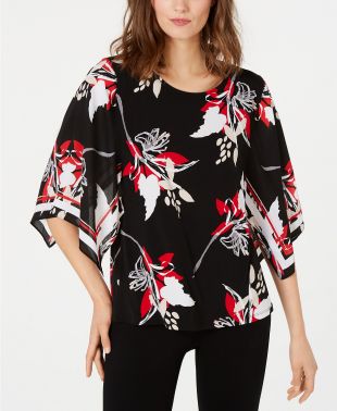 Printed Poncho-Sleeve Top