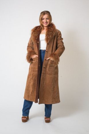 Jones de New York des années 90 fourrure manteau épais marron daim long des années 1990 fourrure Collared hippie BOHO Cognac marron en cuir manteau