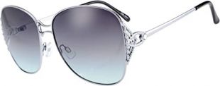 Classic Crystal Elegant Women Beauty Design Sunglasses Gift Box (L155-Silver, Grey/Green)