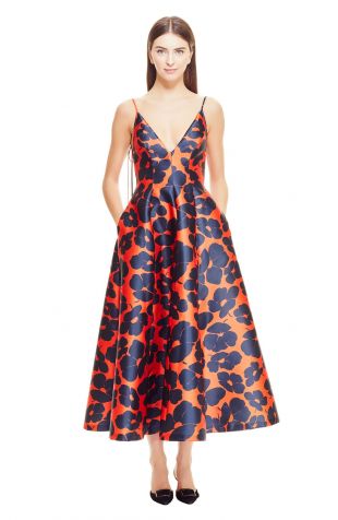 Lela Rose Oversized Floral Printed Silk V-Neck Midi Dress
