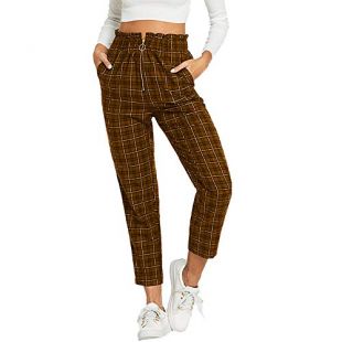 Leoy88 Womens Elastic Waist Casual Pants Shein Exposed Zip Fly Plaid Peg Pants