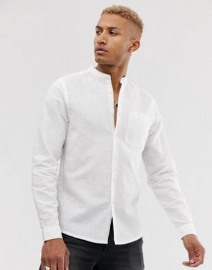 Asos regular fit linen shirt in white with grandad collar
