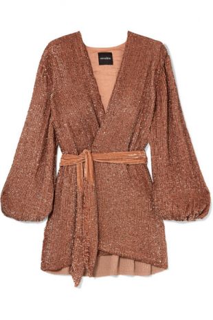 Gabrielle Velvet Trimmed Sequined Chiffon Mini Wrap Dress