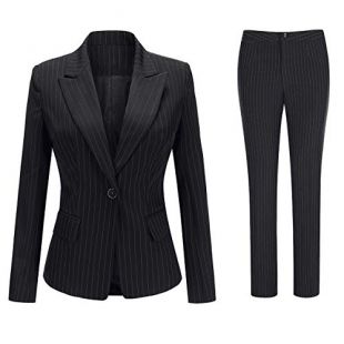 yunclos - Women's Stripes Office 2 Piece Suit Set One Button Blazer ...