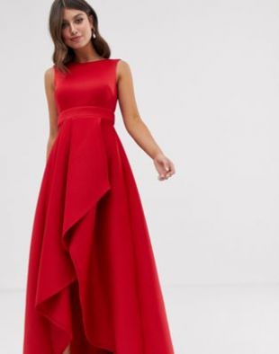 True Violet exclusive high low scuba maxi dress with open back bow detail in red