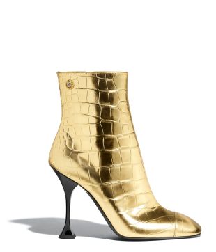 Chanel Crocodile Embossed Metallic Calfskin Gold Ankle Boots