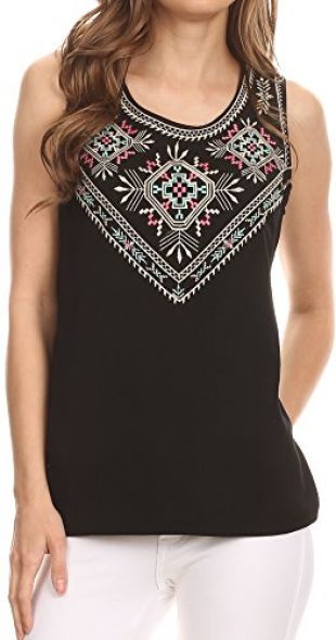 Sakkas TA14439 - Elita Sleeveless Tank Top Batik Aztec Embroidered Shirt Blouse - Black - M