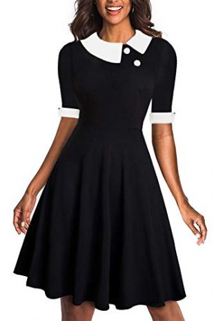 Drimmaks Women's Modest Short Sleeve Flare White Colorblock Tunic Aline Work Party Dresses (Black_028, XL)