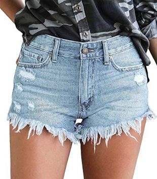 onlypuff High Waisted Shorts Girls Denim Ripped Shorts Zipper Front Light Blue S