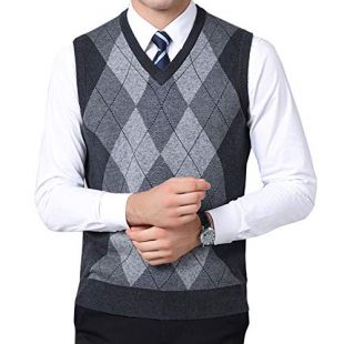 Flygo Mens Classic Argyle V-Neck Knitted Wool Sweater Vest (X-Large, Dark Grey)