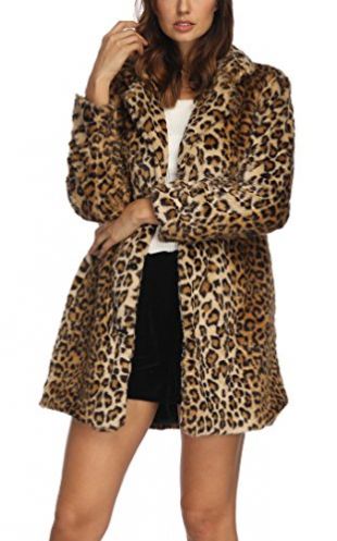 Women's Leopard Faux Fur Coat Winter Outerwear Long Sleeves Warm Jacket Sexy Lapel Overcoat,S Leopard