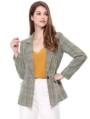 Allegra K Women's Boyfriend Notched Lapel One Button Plaid Blazer L Black