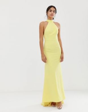 High Neck Trophy Maxi Dress With Open Back Detail In Lemon