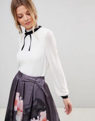 Pleated High Neck Bow Top