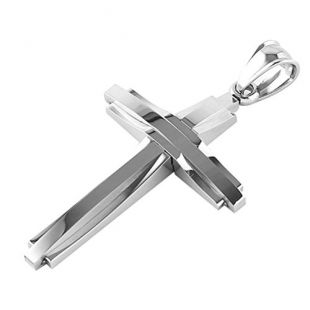 HZMAN Mens Polished Stainless Steel Silver Cross Pendant Necklace 24 Inches Chain (Silver)