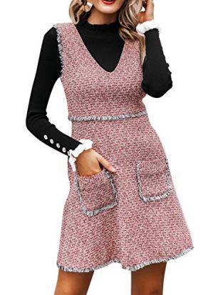 Women's Vintage V Neck Tweed Mini Dress Sleeveless Tunic Cocktail Dress with Pockets