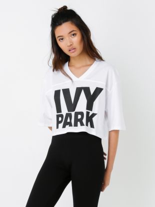 Ivy Park Logo Crop V Neck T Shirt in White