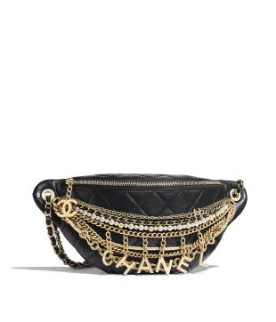 Chanel Lambskin, Gold Tone & Silver Tone Metal Black Waist Bag