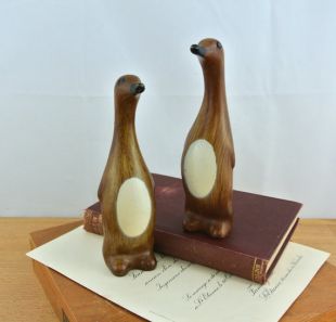 Pair of Vintage Plastic Wood Grain Penguin Figures with Rhinestone Eyes | Mid Century Wooden Bird Toys