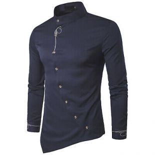 Oblique Button Mandarin Collar Mens Tuxedo Long Sleeve Slim Fit Shirts Tops